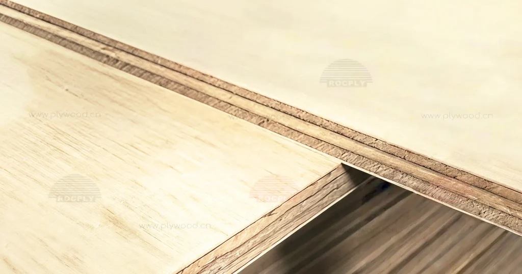 ROCPLY structural plywood sheet edge detail showing veneer layers and panel build