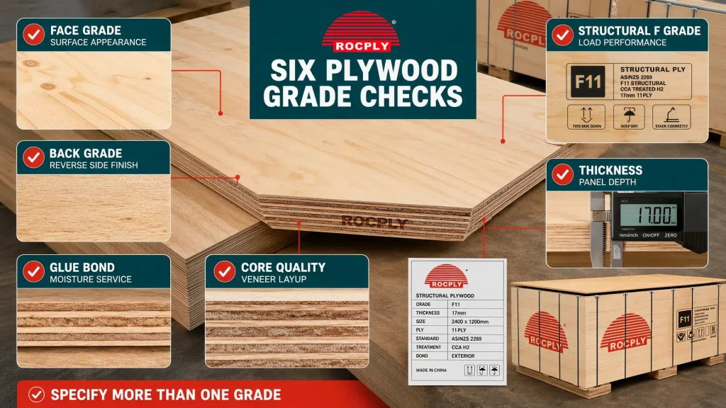 Plywood buying checklist for face grade F grade glue bond core quality and thickness