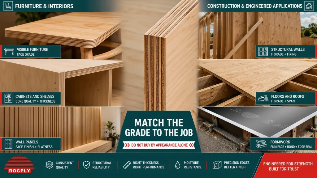 Plywood grade selection by furniture cabinet wall floor roof and formwork application