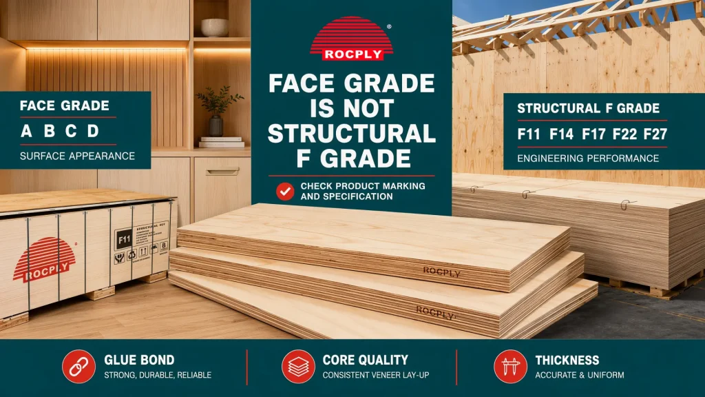 Plywood grades chart showing face grade versus structural F grade for furniture and construction