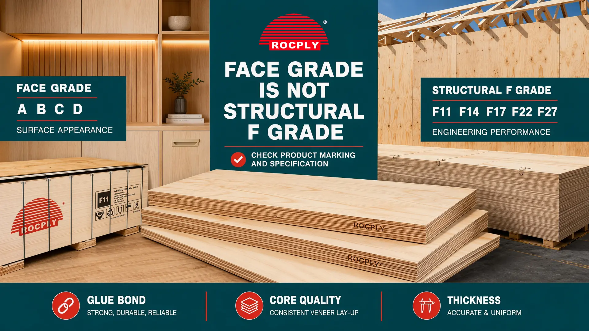 Plywood grades guide comparing face grades, structural F grades, glue bond, core quality and thickness for construction and furniture buyers