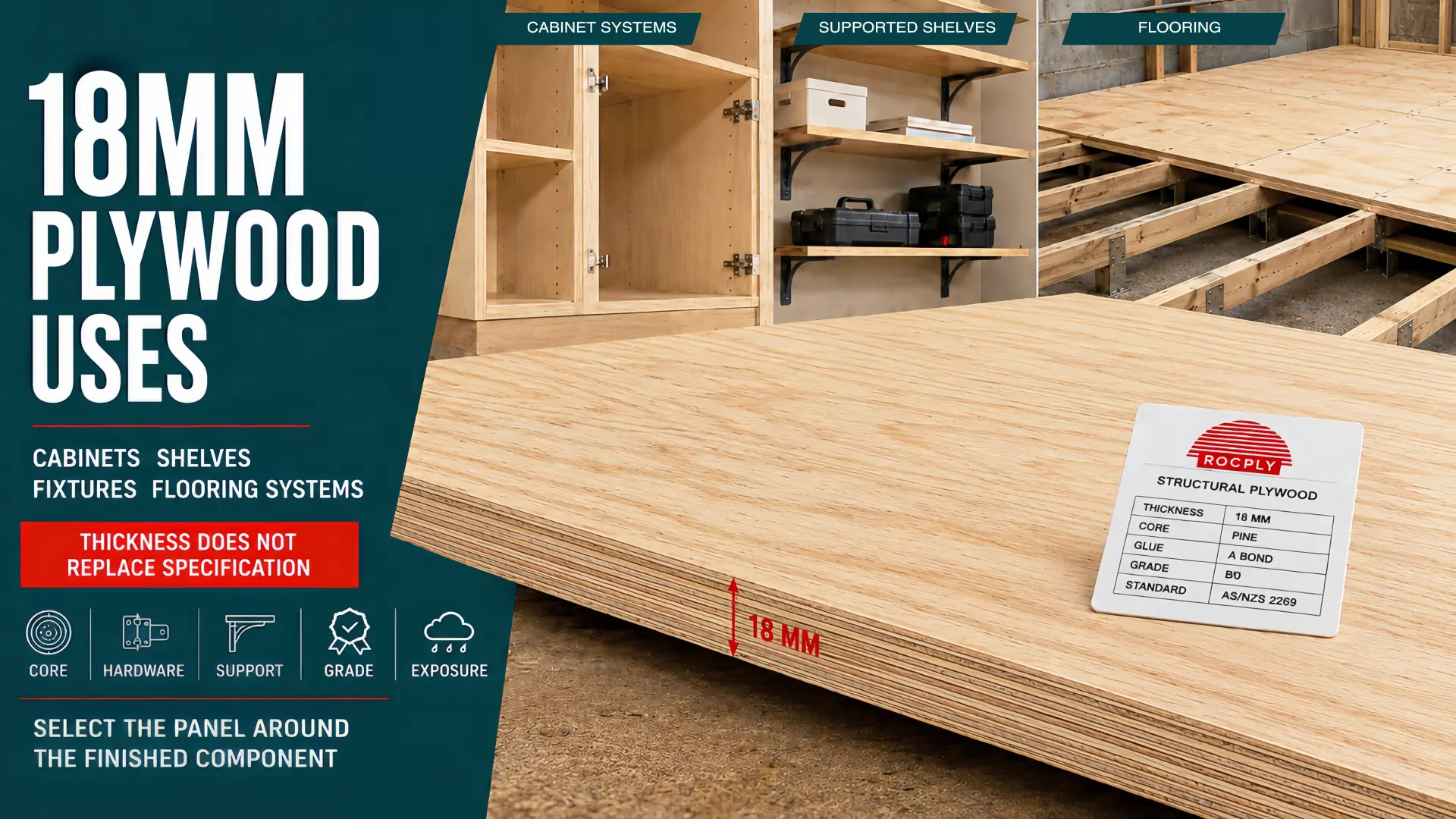 18mm plywood uses for cabinet carcasses, supported shelves, workbench fixtures and rated structural flooring systems