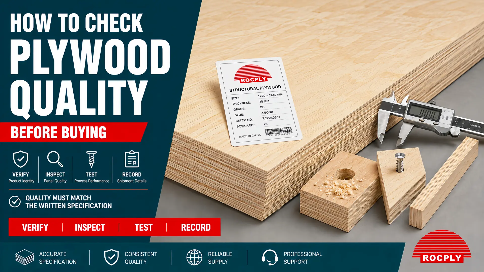 How to check plywood quality by inspecting faces, veneer core, bonding, thickness, flatness, product markings and export packing
