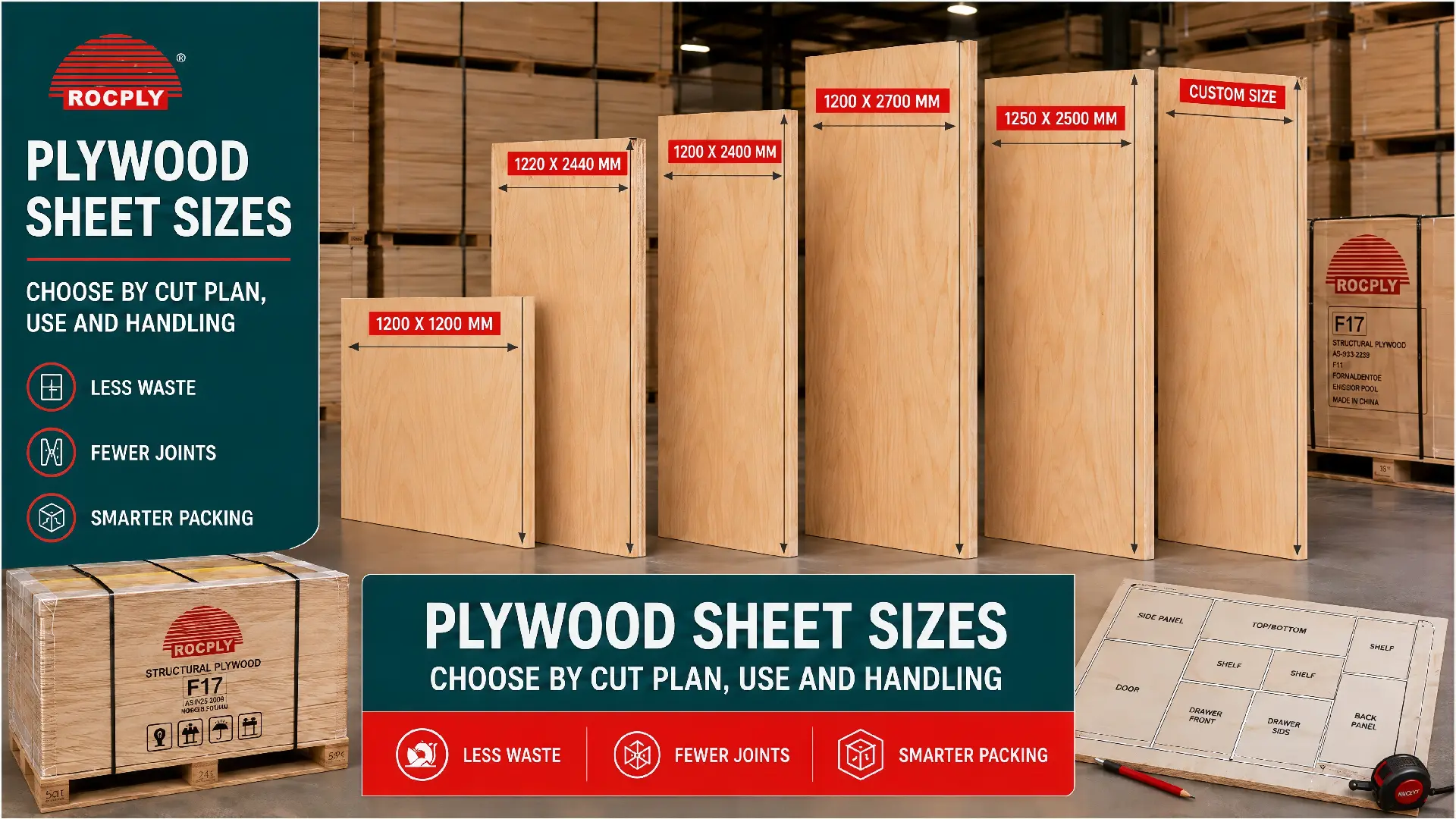 Plywood sheet sizes chart showing 4x8 plywood, 1200 x 2400mm, 1220 x 2440mm, 1200 x 2700mm and 1250 x 2500mm panels for trade buyers
