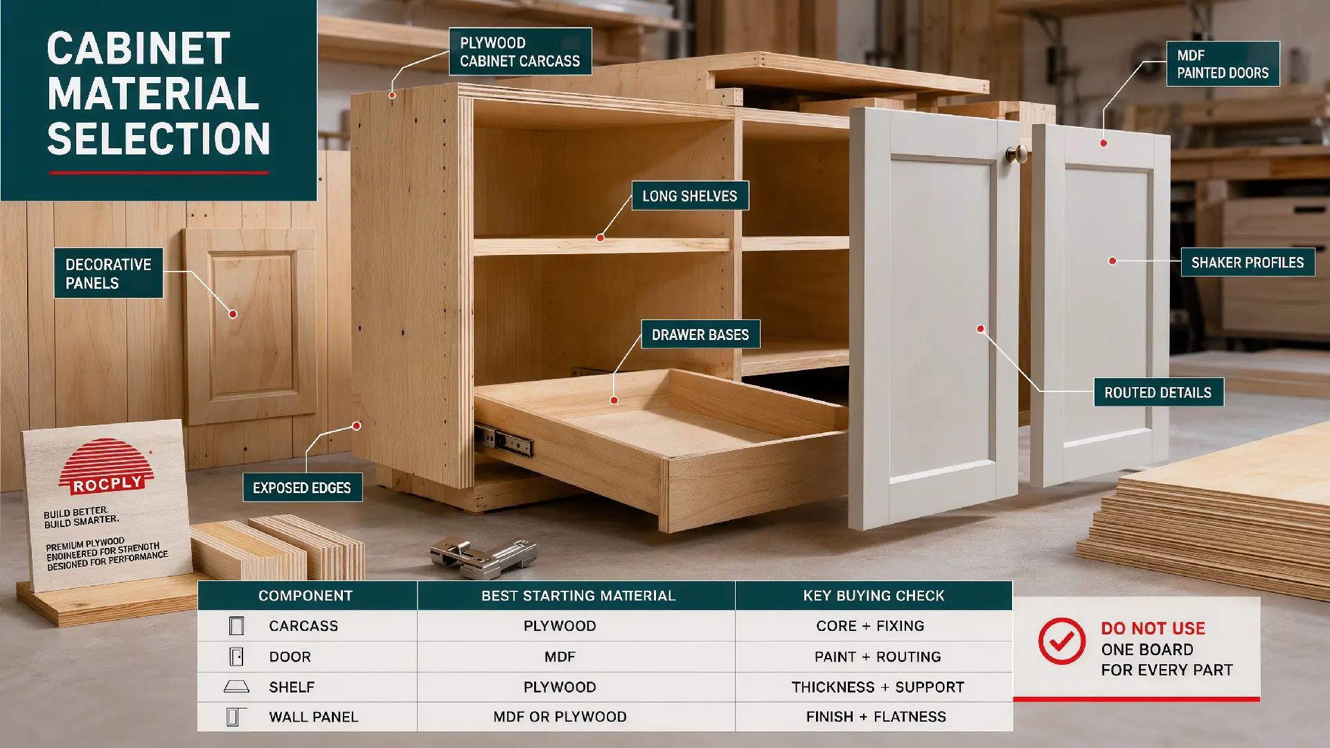 Plywood vs MDF comparison for cabinet carcasses, painted doors, shelves and furniture panels
