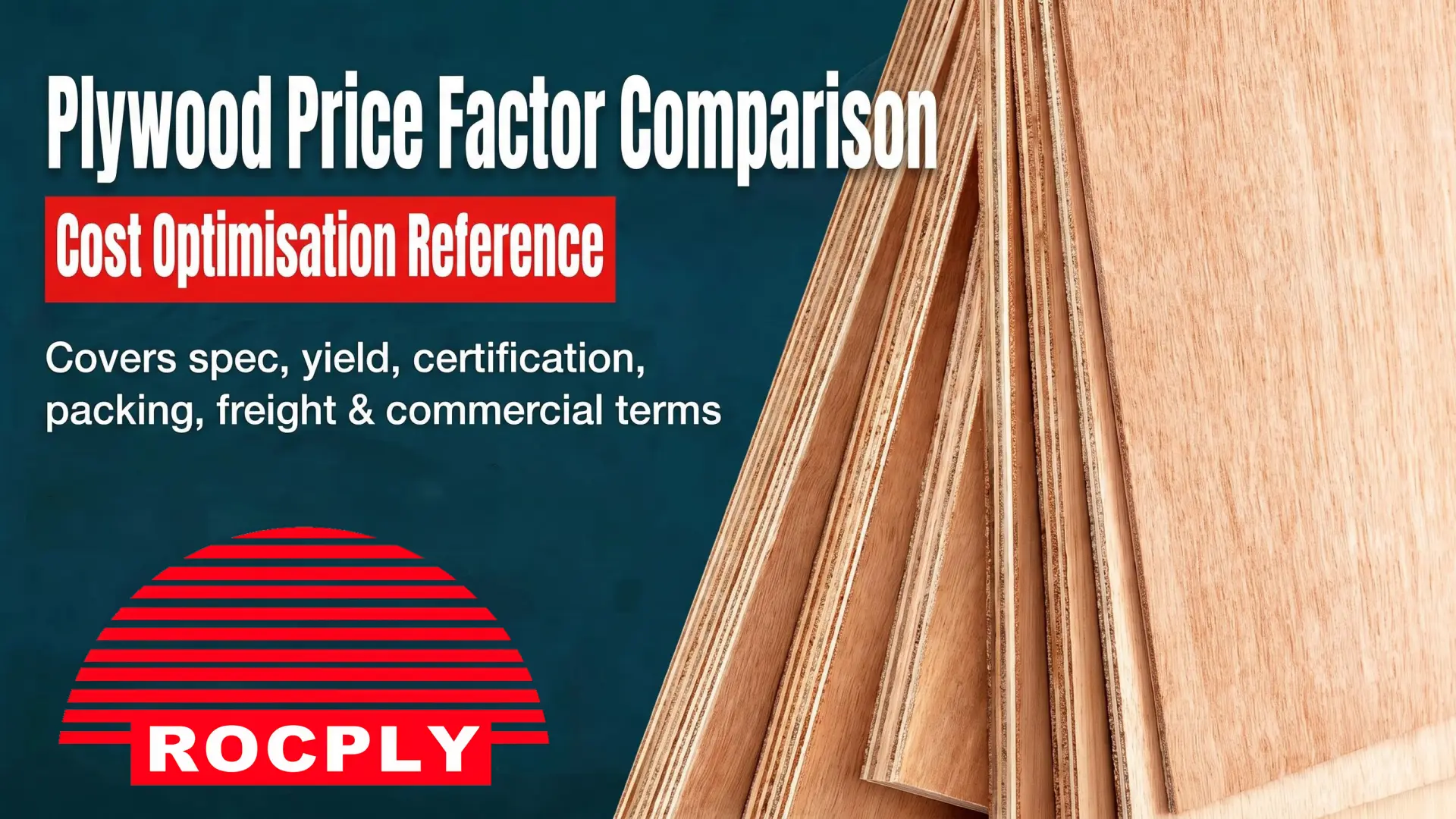 Plywood Price Factors showing core construction, face grade, bond, usable yield, certification, packing, freight and payment terms