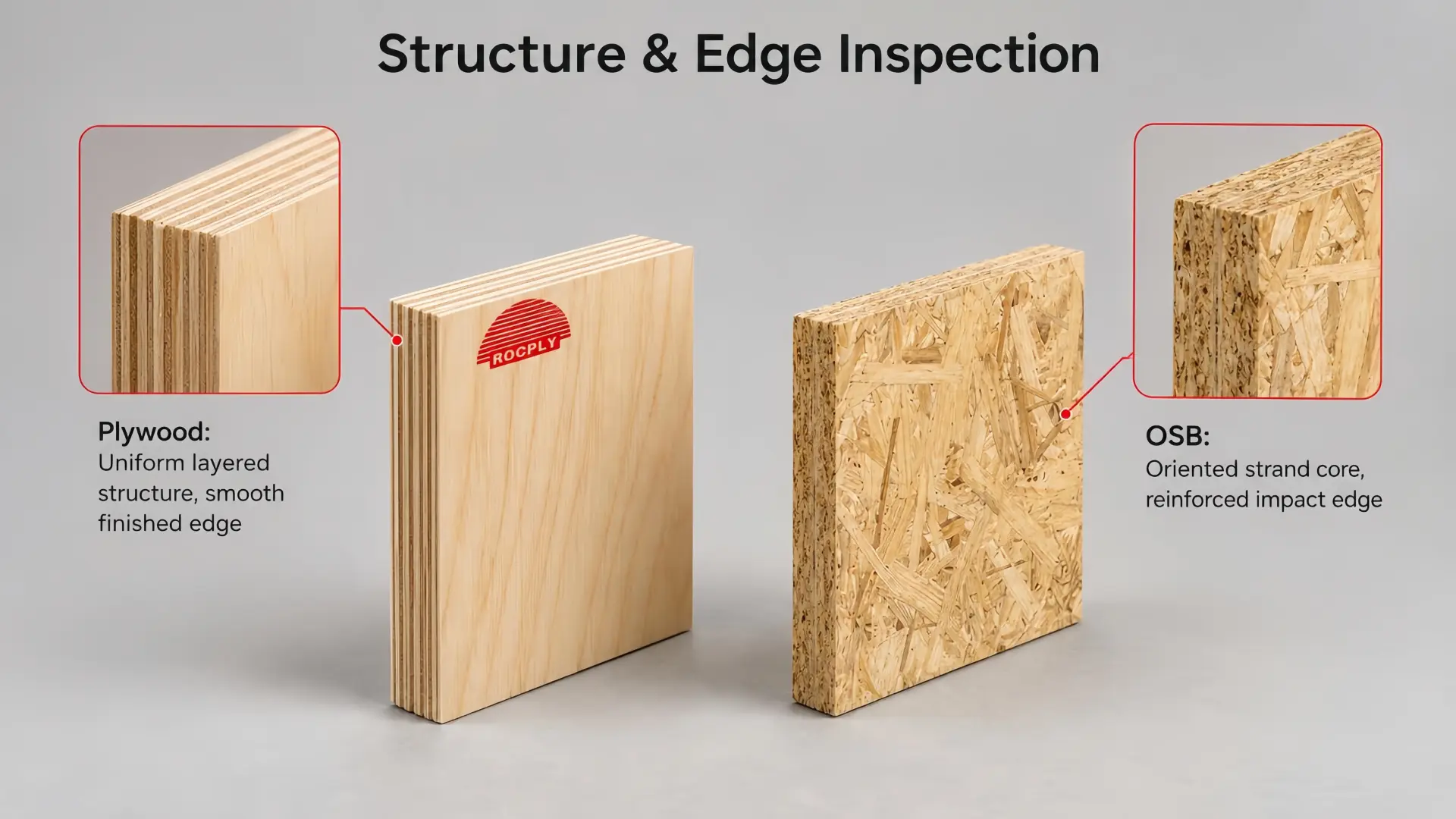 Plywood vs OSB Panel Structure and Edge Inspection Plywood veneer construction beside OSB strand construction with caliper inspection grade thickness bond and edge checks