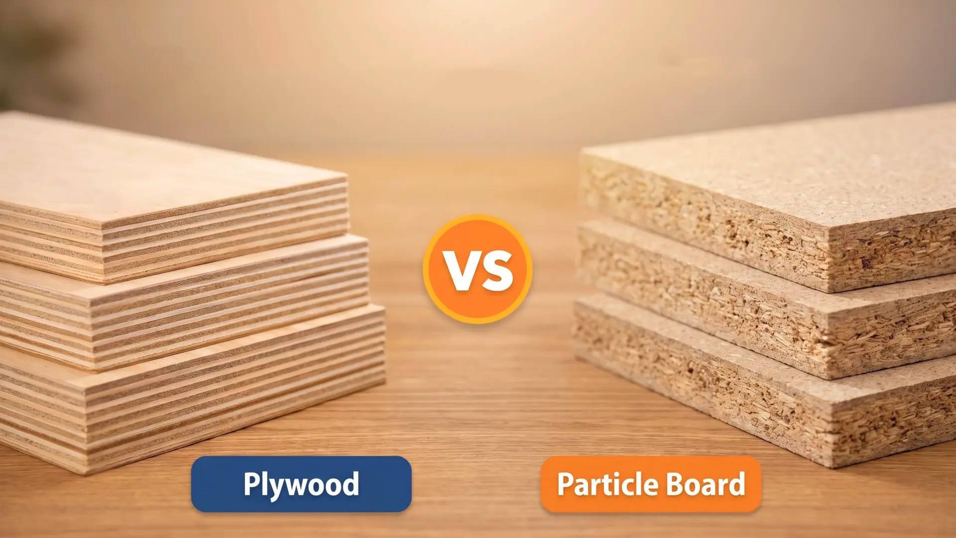 Plywood vs particle board for furniture panels showing cabinet carcasses shelves hardware and panel edges