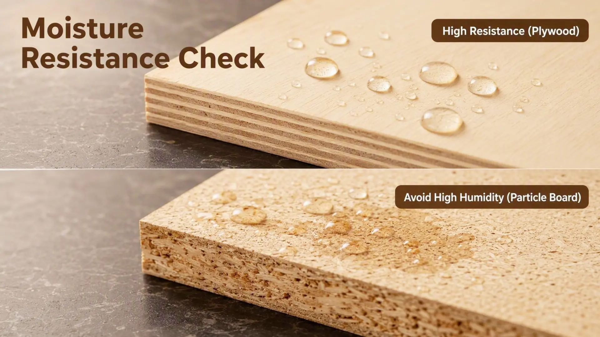 Kitchen cabinet moisture comparison showing sealed plywood edges standard particle board moisture resistant particle board and common leak paths
