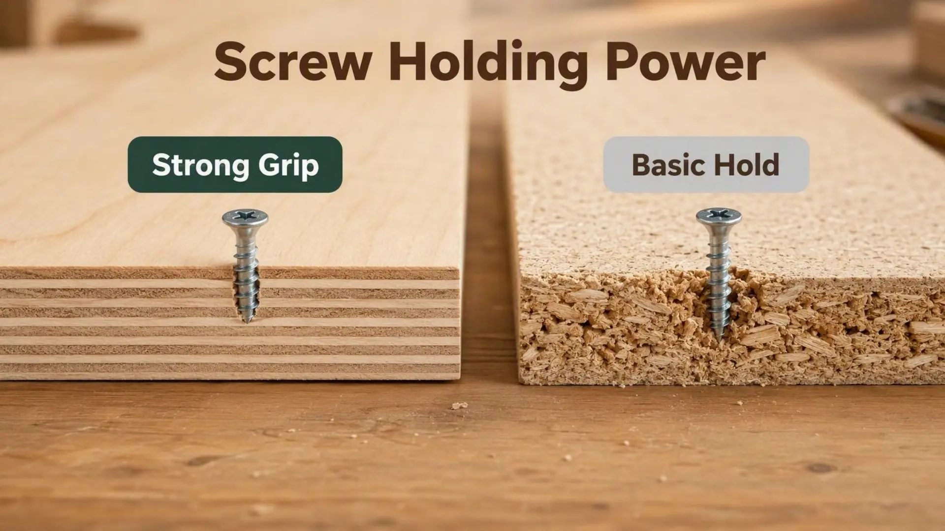 Cross laminated plywood veneers and compacted particle board with furniture screws hinges and pilot holes