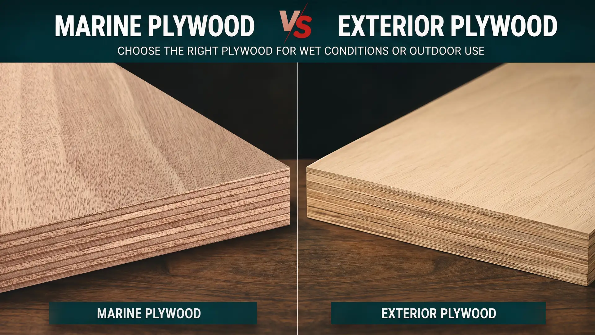 Marine Plywood vs Exterior Plywood for Wet Conditions Marine plywood vs exterior plywood for wet conditions shown in boatbuilding and exterior construction settings
