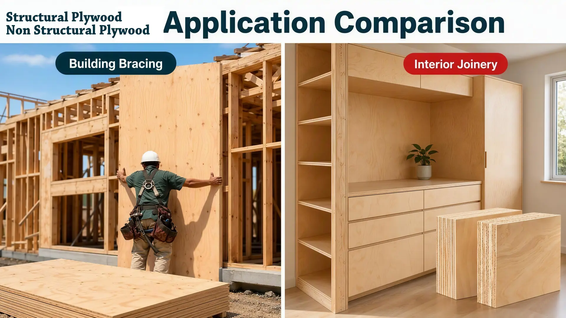 Structural Plywood vs Non Structural Plywood Application Boundaries Structural plywood vs non structural plywood application comparison showing structural wall bracing floor decking decorative lining and cabinetry