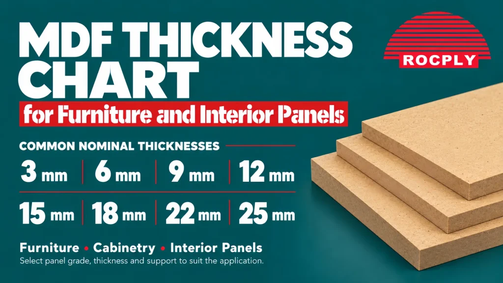 MDF thickness chart with board samples for cabinet backs, furniture parts and interior panels Title：