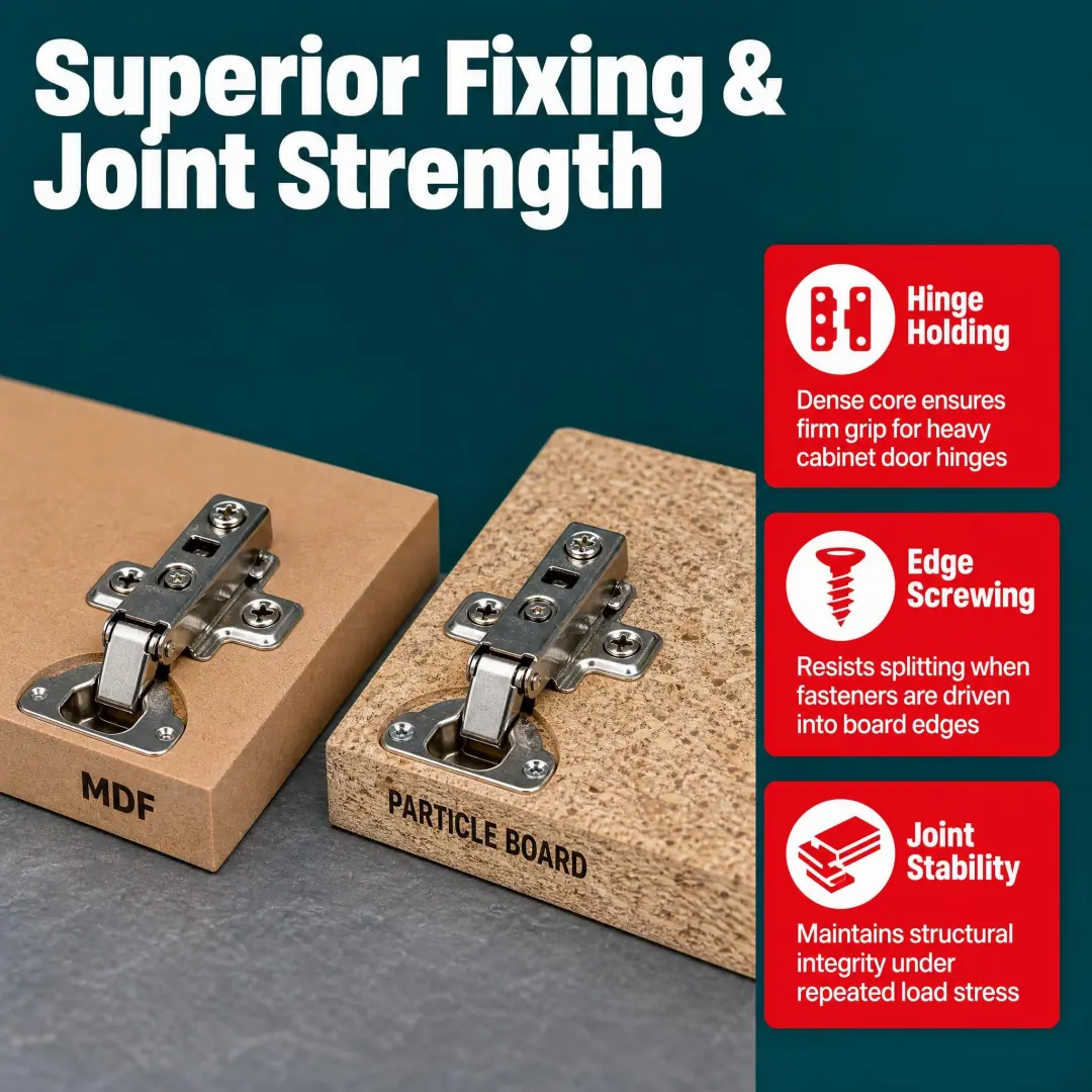 MDF vs Particle Board Face and Edge Fixings MDF vs particle board face and edge screw joints with pilot holes and cabinet hinge plates