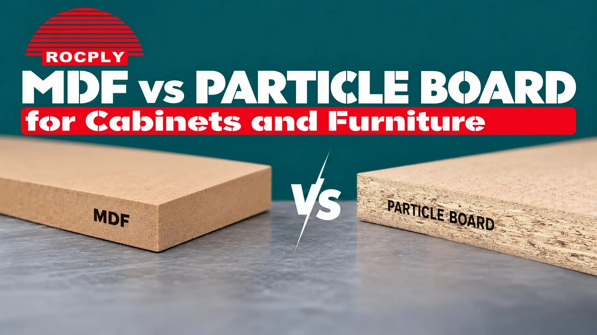 MDF vs Particle Board for Cabinets and Furniture MDF vs particle board core samples beside a painted cabinet door and a faced cabinet box