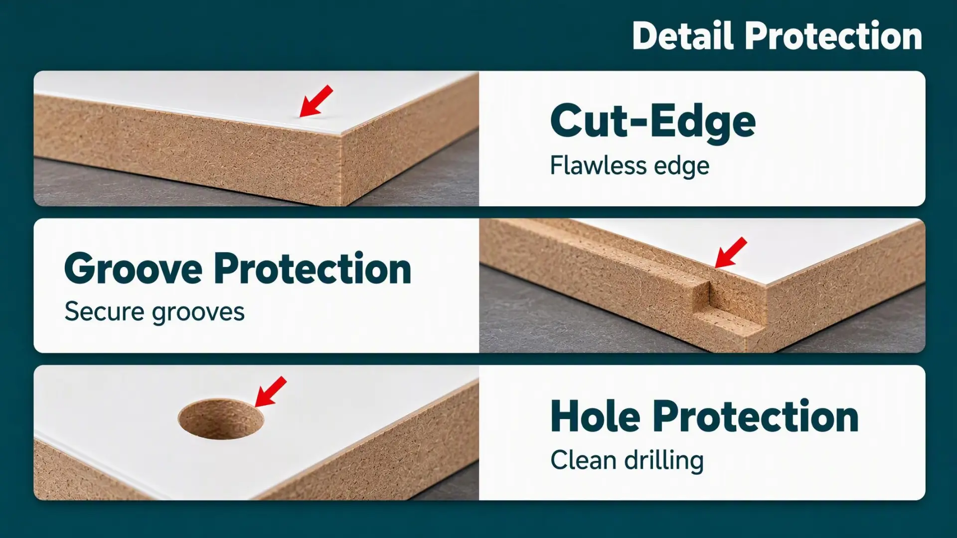 Raw MDF vs Melamine MDF Edge and Hole Protection Raw MDF vs melamine MDF cut edges, sealed profiles, edge banding and exposed holes in cabinet samples