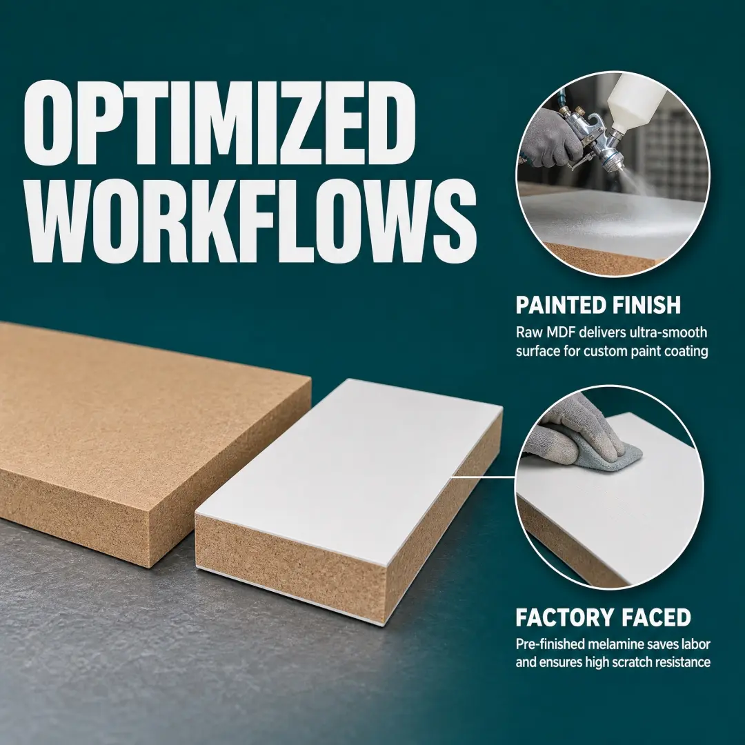 Raw MDF vs Melamine MDF Finishing Workflow Raw MDF vs melamine MDF production routes comparing machining and painting with cutting and edge banding